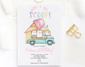Ice Cream Truck Birthday Invitation, Pastel Here&#39;s the Scoop Party Invite Girl, Popsicle Invite, Printable Template Instant Download 355