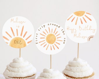 EDITABLE Sun Birthday Cupcake Toppers, First Trip Around The Sun Cake Toppers, Sunshine First Birthday Decor Printable, Instant Download 931