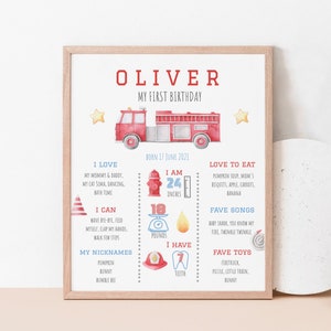 Firetruck First Birthday Milestones Board Printable, Fireman Chalkboard Poster, Editable 1st Board Boy Firefighter, Instant Download 591