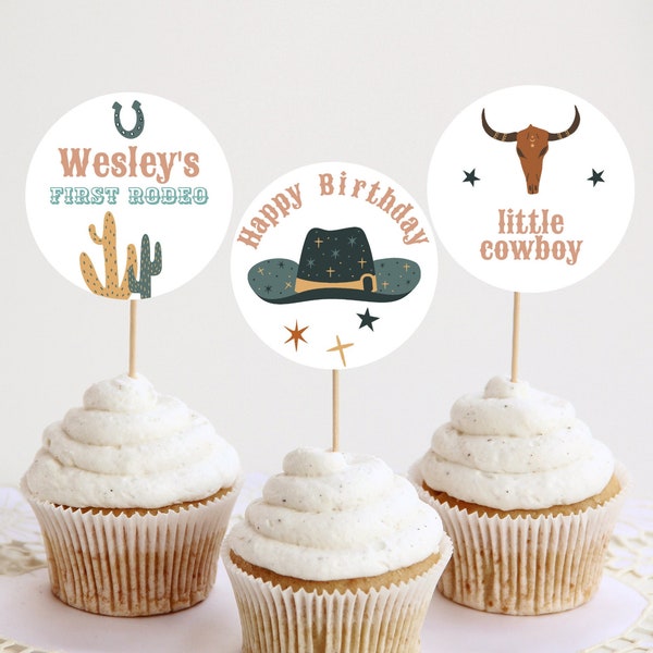 EDITABLE Western Birthday Cupcake Toppers, First Rodeo Cake Topper, Cowboy Birthday Decor Printable, Wild West Cupcake Instant Download 888