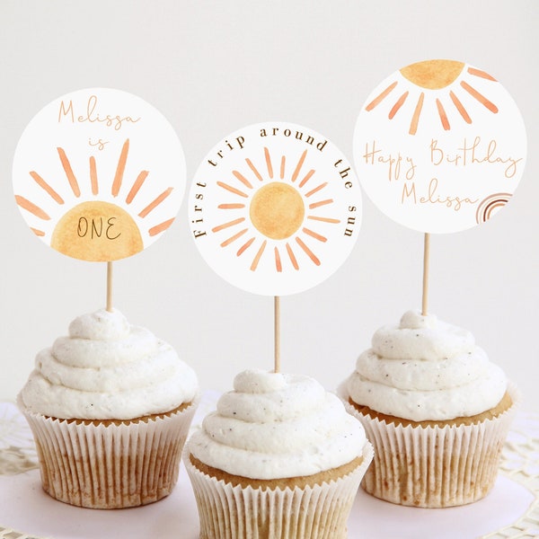 EDITABLE Sun Birthday Cupcake Toppers, First Trip Around The Sun Cake Toppers, Sunshine First Birthday Decor Printable, Instant Download 931