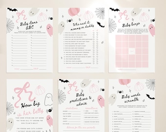 May include: A bundle of six baby shower game cards with a Halloween theme. The cards feature pink and black graphics of ghosts, bats, pumpkins, and spiderwebs. The text includes "Baby items ABC", "Who said it: mommy or daddy", and "Baby bingo".
