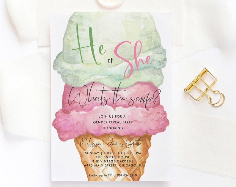 Ice Cream Gender Reveal Invitation Template Whats the Scoop Invite Summer Baby Reveal Pink or Blue Invite Instant Download