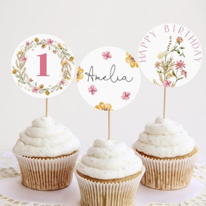 Wildflower Cupcake Toppers Editable, Summer Floral First Birthday Cake Toppers, Wildflower  Decor Printable, Instant Download 851