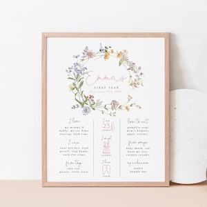 Cartel imprimible de hitos de primer cumpleaños de flores silvestres, Póster de pizarra de flores boho, Tablero de niña de flores silvestres, Plantilla editable 357