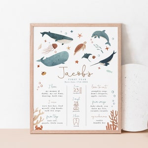 Oneder the Sea erster Geburtstag Meilensteine Zeichen druckbar, unter dem Meer Tafel Poster, Ocean Animals 1st Year Board bearbeitbare Vorlage 375