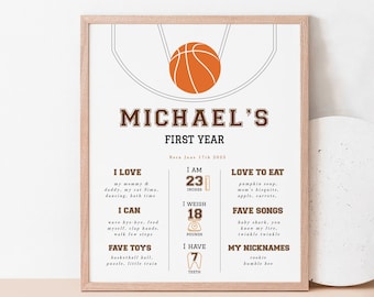 May include: A printable baby milestone poster with a basketball theme. The poster features a basketball hoop with a basketball going through the hoop. The poster is decorated with brown and orange text. The text includes the baby's name, "Michael's", and details about the baby's first year, including height, weight, favorite foods, and favorite toys.