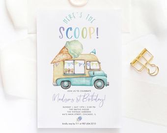 Ice Cream Truck Birthday Boy Invitation, Blue Green Here's the Scoop Party Invite, Popsicle Invite, Printable Template Instant Download 356