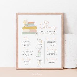Storybook First Birthday Milestones Sign Printable, Book Stack Chalkboard Poster, Book Birthday 1st Chapter Girl Board Editable Download 343
