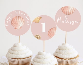 EDITABLE Seashell Birthday Cupcake Toppers, Pink Shellebration Cake Toppers, Mermaid First Birthday Decor Printable, Instant Download 387
