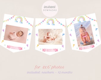 Rainbow Photo Banner Printable, Magical Rainbow Monthly Photos Tags, Unicorn Party Decor, Rainbow First Birthday Girl, Instant Download, 052