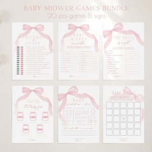 Puede incluir: Un conjunto de juegos de baby shower imprimibles con lazos de acuarela rosa y texto. Los juegos incluyen "Mamá o Papá", "Barajar palabras para bebés", "El precio es correcto", "Adivina la comida para bebés", "Predicciones para bebés" y "Bingo para bebés".