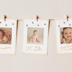 May include: A series of three baby milestone photo cards hanging from a string. Each card has a scalloped edge, a photo, and the age of the baby: newborn, six months, and twelve months. The cards are decorated with bees and bows.