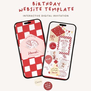 May include: Two smartphones displaying a birthday website template with red and white checkered patterns, pizza illustrations, and text including "Birthday Website Template," "Interactive Digital Invitation," "Hannah," "Slice of fun," and "RSVP."