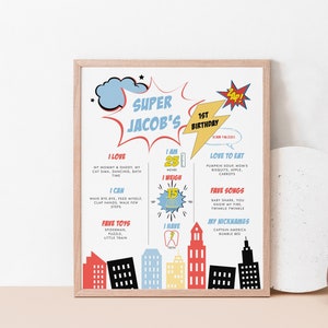 Superhero First Birthday Milestones Sign Printable, Comic Book Chalkboard Poster, Superhero My First YearBoard, Editable Template 886