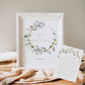 Wildflower-wensen voor baby bewerkbare sjabloon, baby in bloei babyshowerspel, boho bloemenwensen voor baby bordje en kaarten, instant download 357