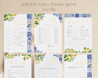 Editable Italian Baby Shower Game Bundle, Mediterranean Baby Shower Games, Lemons and blue Tiles Baby Games, Printable Template Download 095