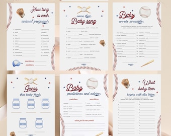 Lot de jeux de baseball pour baby shower : thème Un petit frappeur et une recrue (téléchargement modifiable : 445)