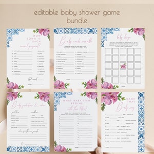 Pacchetto di giochi per baby shower con piastrelle blu e bouganville modificabili, giochi per baby shower in stile greco mediterraneo, modello stampabile da scaricare 504