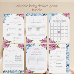 Editable Blue Tiles and Bougainvillea Baby Shower Game Bundle, Mediterranean Greek Baby Shower Games, Printable Template Download 504