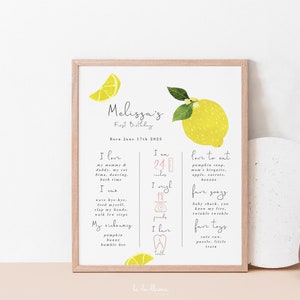 Sinal de marcos do primeiro aniversário de limão para impressão, pôster de quadro divertido de limonada de sol, modelo editável de placa de limonada rosa primeiro 481