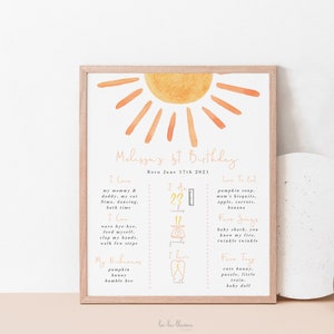 Sun First Birthday Milestones Sign Printable, Boho Sunshine Chalkboard Poster, 1st Trip Around the Sun Girl Board, Editable Template,  931