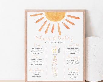 Sun First Birthday Milestones Sign Printable, Boho Sunshine Chalkboard Poster, 1st Trip Around the Sun Girl Board, Editable Template,  931