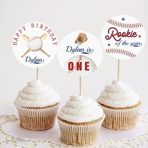 EDITIERBARE Baseball Geburtstag Cupcake Toppers, Rookie of the Year Cake Toppers, Baseball erster Geburtstag Dekor Printable, Instant Download 445