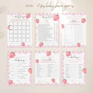 Editable Berry Sweet Baby Shower Games Bundle: Pink Gingham & Strawberry (Printable Download 171)