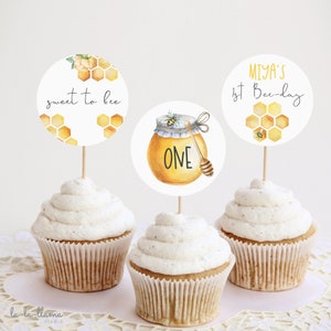 EDITABLE Bee Birthday Cupcake Toppers, Honey Bee-Day Cake Toppers, Honeycomb First Birthday Decor Printable, Instant Download 334
