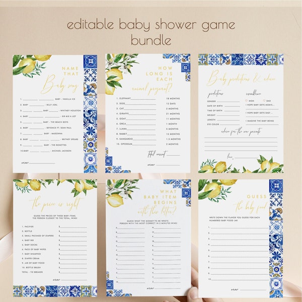 Editable Italian Baby Shower Game Bundle, Mediterranean Baby Shower Games, Lemons and blue Tiles Baby Games, Printable Template Download 095