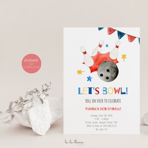 Bowling Birthday Invitation Editable, Let&#39;s Bowl Birthday Invite, Bowling Party Invite, Boy, Girl, Template Printable, Instant Download 051