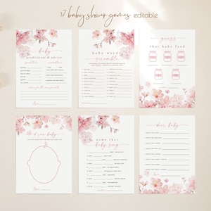 Pacchetto modificabile di giochi per baby shower Cherry Blossom, giochi per bambini floreali rosa primaverili, Sakura Baby in Bloom Girl, download stampabile 383