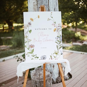 Wildblumen-Babyparty-Willkommensschild, Baby in Bloom-Empfangsplakat, Blumen-Hinterhof-Schild, druckbare bearbeitbare Vorlage Download 357