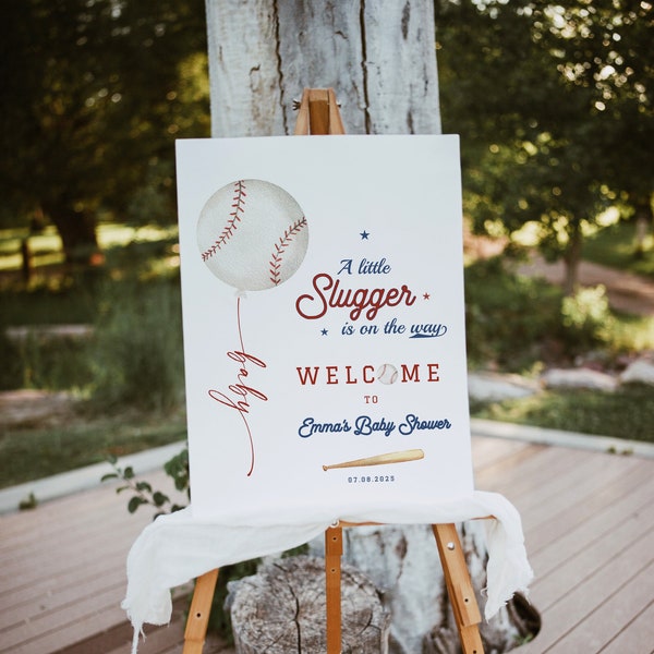 Editable Baseball Baby Shower Welcome Sign, A Little Slugger Baby Sprinkle Reception Sign, Printable Template Instant Download 445