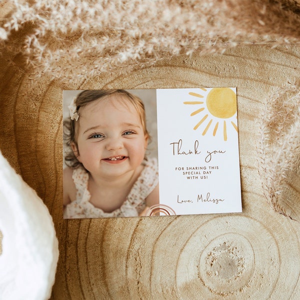 Sun Photo Thank you card Template, 1st Trip Around the Sun thank you card, Boho Sunshine Thank You, Printable Editable Instant Download 931