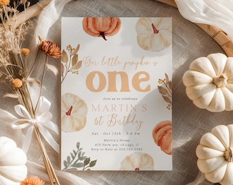 Pastel Pumpkin 1st Birthday Invitation: Fall Autumn Theme (Digital Template 029)