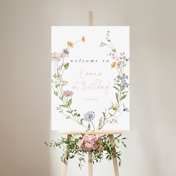 Wildflower Birthday Welcome Sign, Little Wildflower Party Poster, Midsummer Florals reception Sign, Printable Editable Template Download 357