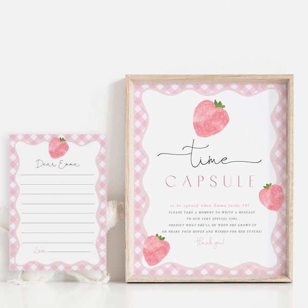 Strawberry Time Capsule Template, Berry First Birthday Keepsake, Pink Gingham Party Decor Wavy, Printable Editable Instant Download 171