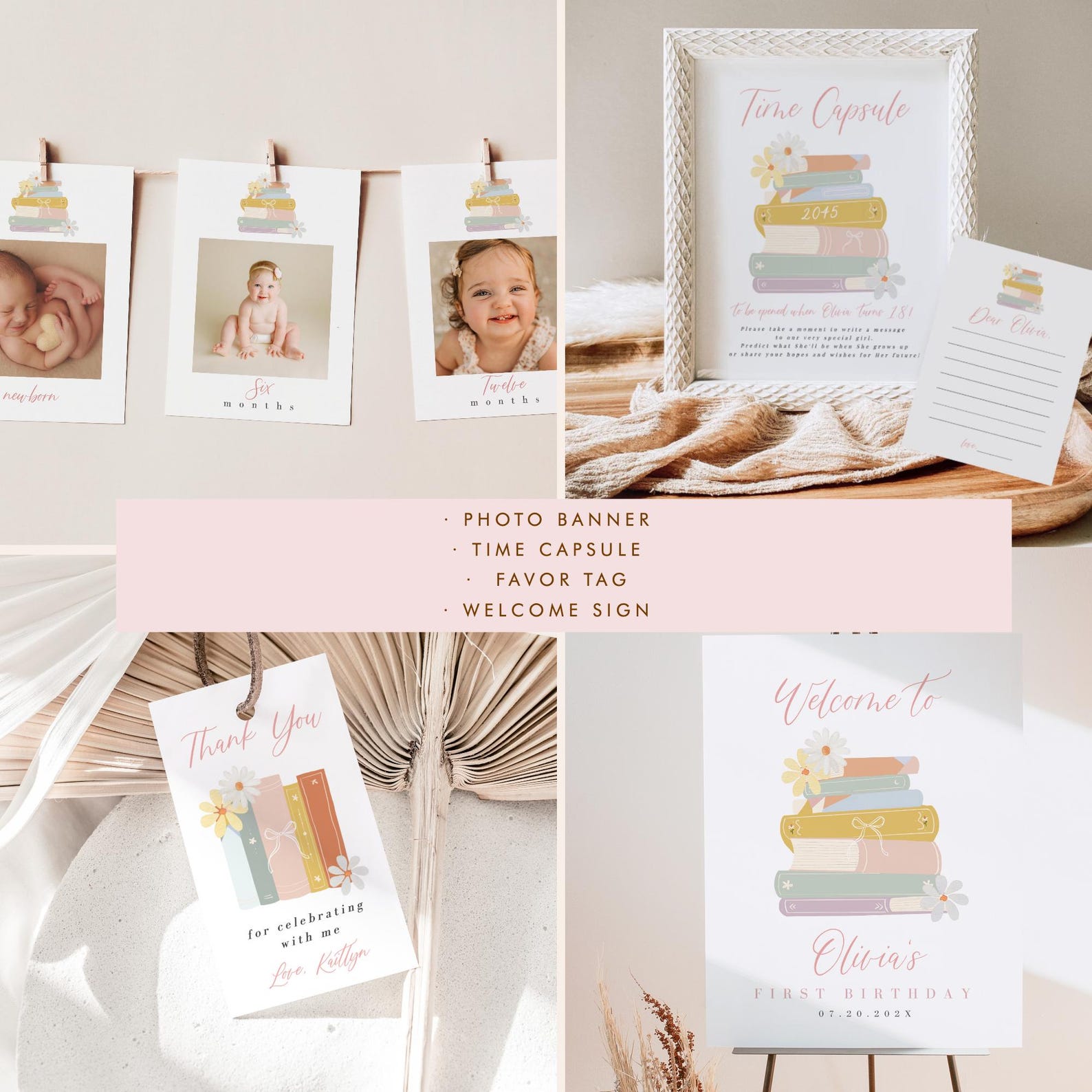 First Chapter Theme Girl Storybook 1st Birthday Invitation Bundle Editable, Book First ...