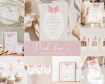 Pink Bow 1st Birthday Invitation Bundle: Floral Cottage party (Editable Canva Template)