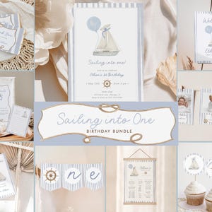 Little Sailor 1st Birthday Bundle Editable, Sailing into One Invitation Bundle, Nautical Birthday Party Template Digital Download 362