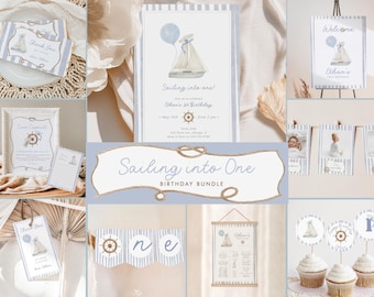 Little Sailor 1st Birthday Bundle Editable, Sailing into One Invitation Bundle, Nautical Birthday Party Template Digital Download 362
