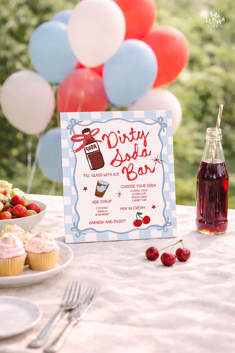 Dirty soda bar sign template editable with Canva, features 50s dinner vibe, blue check and retro soda bottle