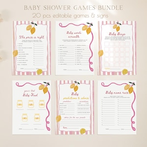 May include: A set of six baby shower game cards with a pink and lemon design. Games include "The Price is Right", "Baby Bingo", and "Baby Name Race". The text "Baby Shower Games Bundle" is at the top. Each card has a pink border.