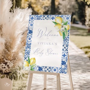 Cartello di benvenuto Baby Shower al limone italiano modificabile, cartello di ricevimento Ciao Bambino, piastrelle blu Citrus Oh Baby, modello, download digitale 079