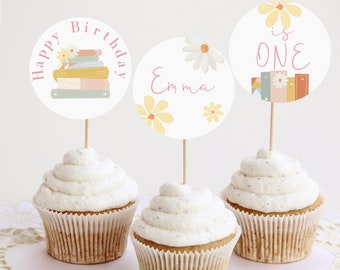 Toppers editables de cupcakes de cumpleaños de libro de cuentos, toppers de pastel de pila de libros, decoración del primer cumpleaños de la biblioteca imprimible, descarga instantánea 343