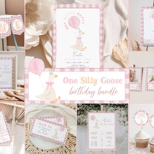 One Silly Goose 1st Birthday Bundle Editable, Goose First Birthday Invitation Bundle, Pink Girl 1st Birthday Templates Digital Download 964