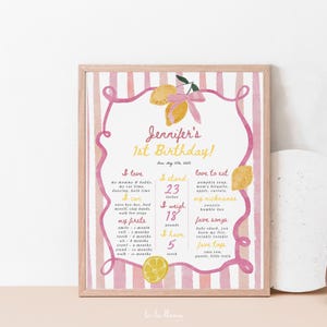 Letrero de primer cumpleaños con limonada rosa, póster de mi primer año con limón italiano, plantilla editable para el primer año con cítricos dibujados a mano 097