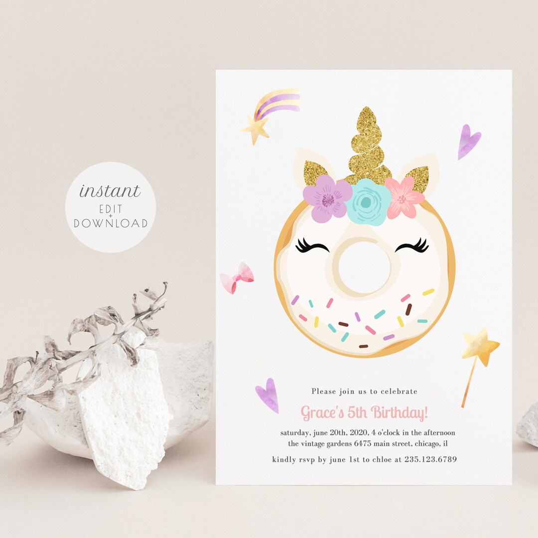 Unicorn Donuts Birthday Invitation Template, Unicorns &amp; Donuts Party ...